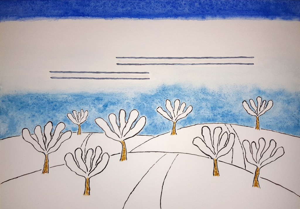 Snowy Orchard ~ Watercolor by John Klobucher