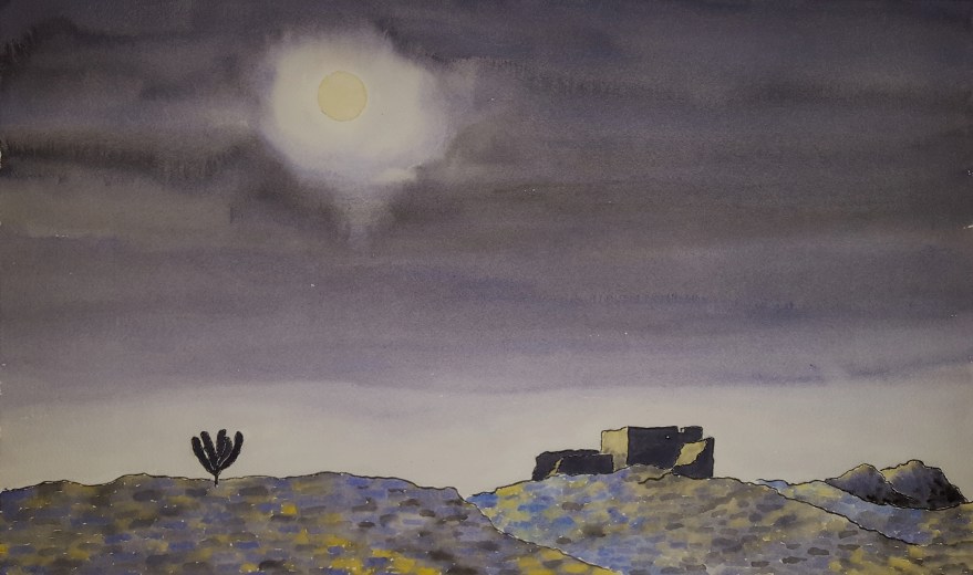 Desert Nightscape ~ Watercolor by John Klobucher